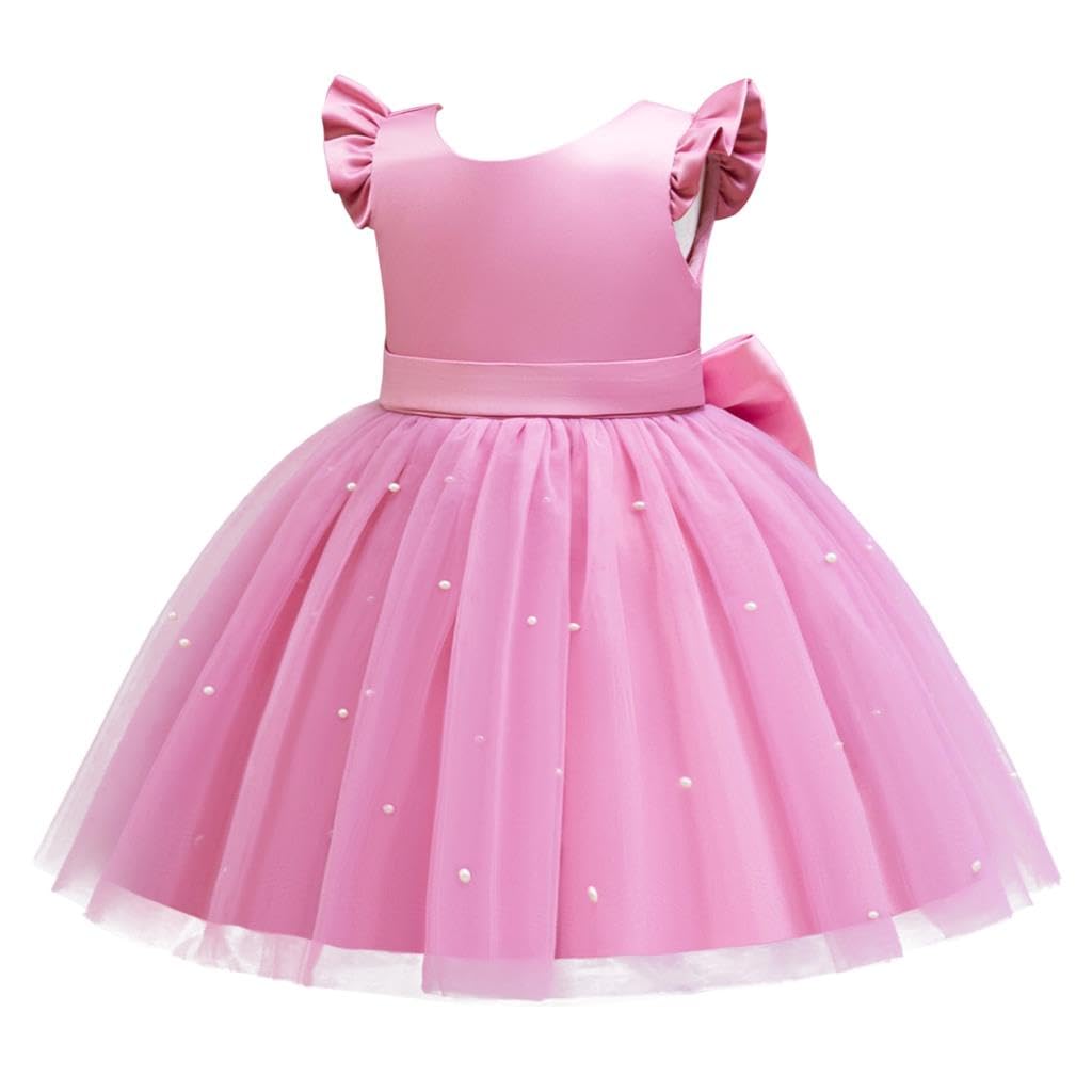 Lito Angels Robe de cérémonie Fille avec Perles | Perles délicates, manches à volants, dos en V, jupe tulle superposée, grand nœud au dos, Mariage, Cérémonie, Baptême, Noël