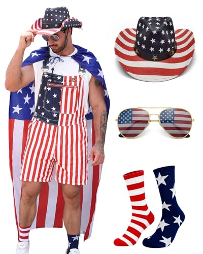 HRTELISI American Flag Overalls for Men Women 6Psc 250th Anniversary 4th of July Coveralls Shorts Kit USA Romper Couple (US Alpha Large Regular Regular Unisex Red-4(with Cloak))