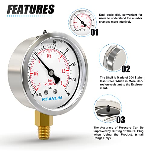 Image of MEANLIN MEASURE -30inHG~30Psi Stainless Steel 1 /8 inch NPT 2.5 inch FACE DIAL Vacuum Pressure Gauge, Lower Mount, with 1 /4 inch NPT and 3 /8 inch NPT Hex Bushing