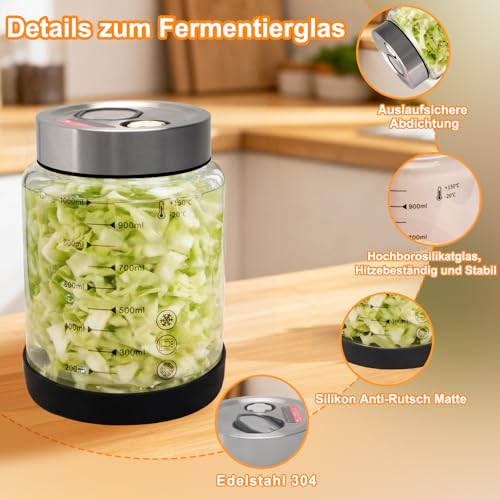 Fermentierglas 1L mit Deckel: 2 Stück Doppelanschluss-Auslassventil Gärglas für Haushaltsfermenter- Sauerkraut Fermentationsglas mit Präzisionswaage-Rutschfest Einmachglas für Gurken und Radieschen