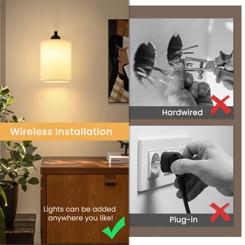 Image of Battery Operated Wall Sconce with Remote Control, Black Rechargeable Fabric Wall Lights Set of 2, 15 Colours Wireless Wall Sconce with 3000mAh Dimmable Detachable Bulb for Bedroom Living Room Hallway