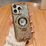 CrazyLemon iPhone 16 Pro Max 用 ケース [MagSafe対応] ワイヤレス充電対応 横縦両立 スタンド付き アイフォン16プロマックス 用 ケース リング マグネット搭載 薄型 透明 クリア ハード グリッター スパンコール マホケース 耐衝撃 傷防止 かわいい 花柄 おしゃれ キラキラ レディーズ 女性用 (ゴールド)