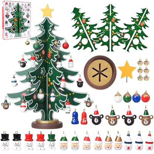 Mini Albero di Natale, Mini Albero di Natale da Tavolo in Legno Set di Giocattoli Natalizi, con 18 Mini Ornamenti Natalizi e 1 Cima Dell'albero, Decorazioni da Tavolo Regalo di Natale