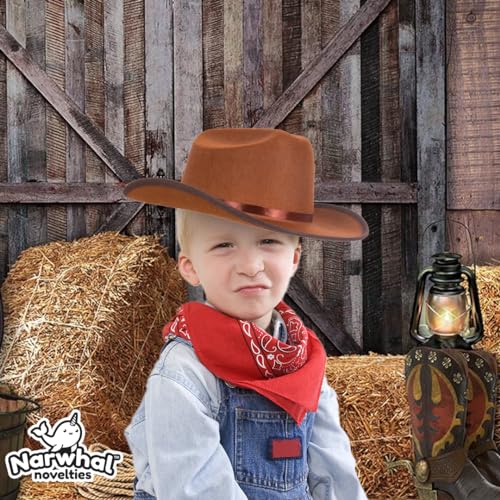 Narwhal Novelties Junior Brown Cowboy Hat with Red Bandana Set - Kids Western Wear with Felt Cowboy Hat for Boys, Kids Cowboy Hats for Dress up Parties - Kids Cowgirl Hat - Thumbnail 4