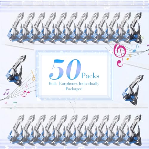 Image of Kanayu 50 Pack Wired Earbuds Bulk for Classroom, 3.5MM No Mic,Dark Blue