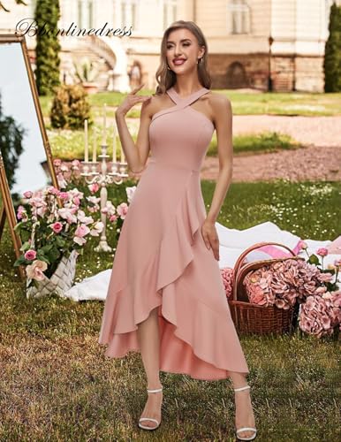 Image of Bbonlinedress Halter Cocktail Women Dresses Prom Formal Wedding Guest Bridesmaid Ruffled Maxi Hi-Lo Evening Party 2026 Dress