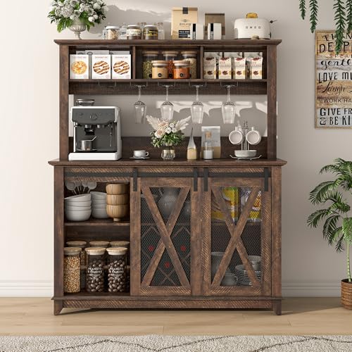 Image of 47 inchWide 56 inchH Farmhouse Coffee Bar Cabinet with Power Outlet and LED Light,Wine Bar Cabinet w /3 Storage Hutch,Kitchen Buffet Cabinet with 10 Wine and Glass Racks for Kitchen Dining Room(Brown)
