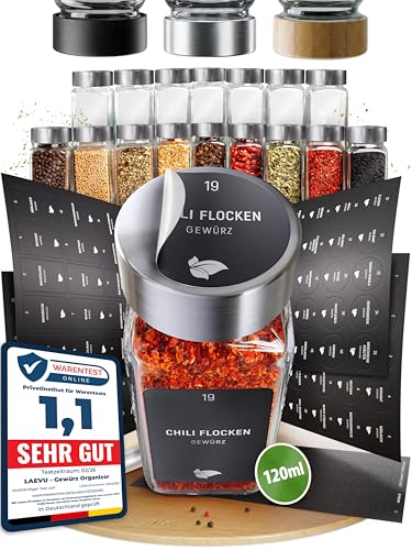 LAEVU Gewürzgläser eckig Edelstahl | 24 Stk. à 120 ml – 10,5 x 4,5 cm | Gewürzstreuer Set für mehr Ordnung in deiner Küche | Gewürz Organizer Komplettset mit viel Zubehör