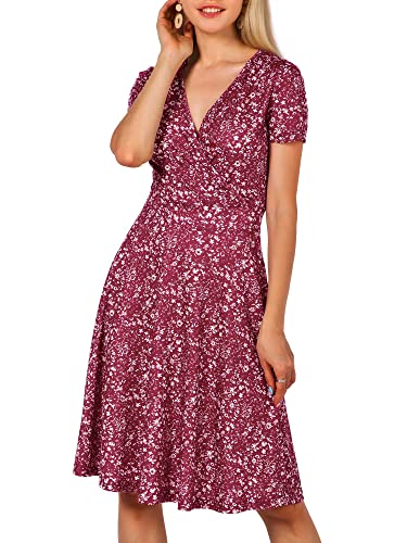 Image of MSBASIC Womens Summer Wrap V Neck Casual Dresses Floral Short Sleeve A-Line Midi Sundress