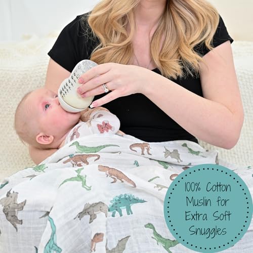 Image of LollyBanks Baby Blanket, 100% Cotton Muslin Swaddle Blankets for Boys, Large 47 x 47 Inches Newborn Blanket, Soft and Breathable Receiving Blankets, Baby Essentials, Registry (Dinosaur Print)