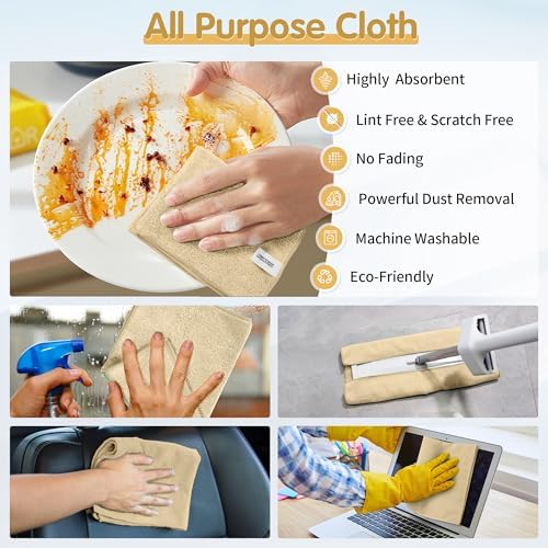 FIXSMITH Beige Microfiber Cleaning Cloth -Pack of 8, Highly Absorbent Cleaning Rags, 16"X12" All Purpose Cleaning Towels for Housekeeping, Kitchen, Car, Lint Free and Reusable Microfiber Towels - 3