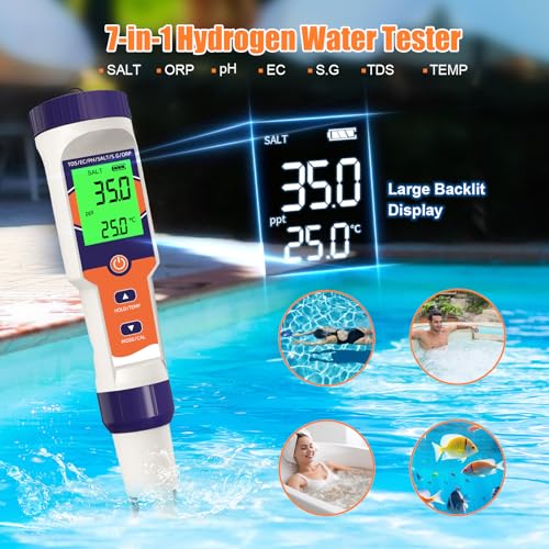 Image of 7-in-1 Digital Pool Salt Tester | pH, ORP, Salinity, TDS, EC, Temperature Meter, For Saltwater Pools, Hot Tubs, Spas, Aquariums, Hydroponics