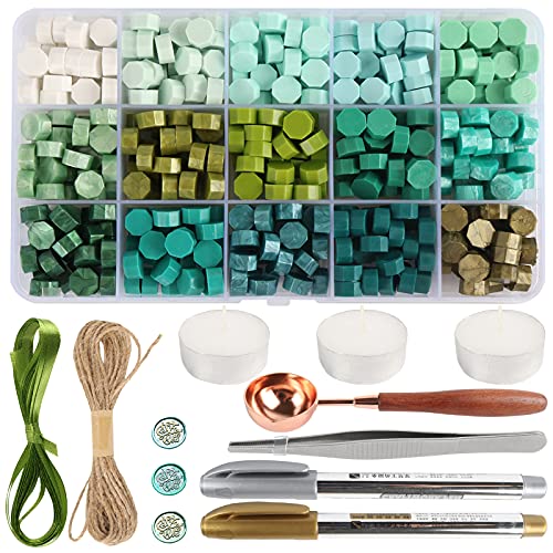 Sealing Wax Beads Kit, Sealing Wax Kit with 375 Pieces Sealing Wax Beads(15 Colors), Candles, Metal Pens, Wax Spoon, Tweezers, Coloured Ribbons, Wax Seal Kit for Gift, Sealing Envelopes and Crafts