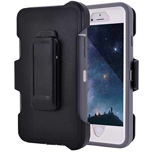 iPhone 6 Plus/6S Plus Case, Maxcury Hybrid Rubber Plastic Impact Defender Rugged Hard Case with Built-in Screen Protector and Belt Clip Holster(Gray/White & Clip)