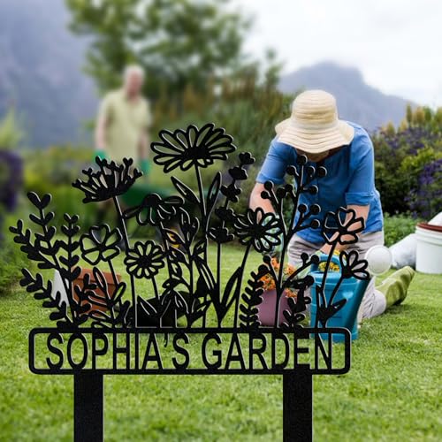 Extrabily Personalized Name Garden Signs With Stake, Custom Garden Flowers Metal Decor, Yard Outdoor Art Gift For Mom Grandmother thumb #4