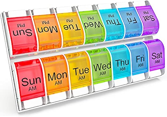7 Days AM PM Pill Organizer - 2 Times a Day Large Weekly Pills Case, BPA-Free Pills Box Container Cases, Morning and Night Pill Boxes with Unique Push-Button Pop Open Design Hold Vitamin, Medicine