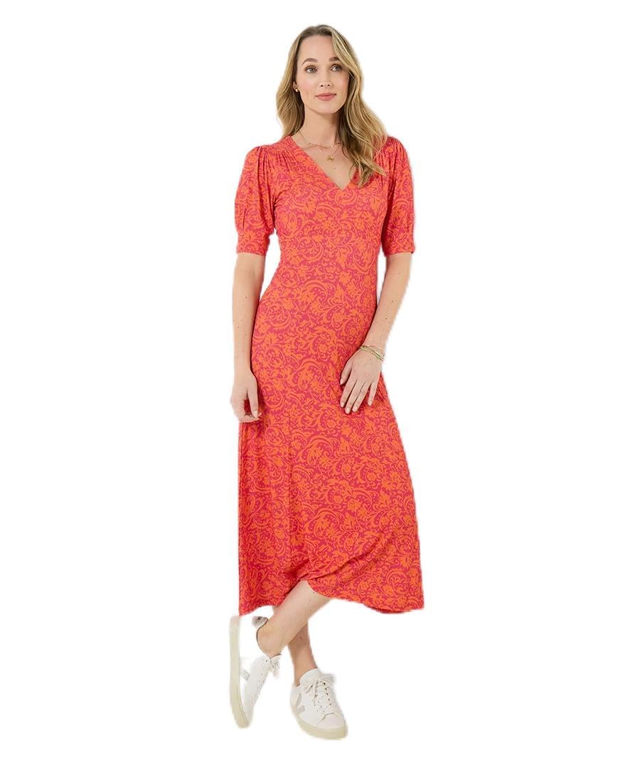 Joe Browns Women's Da-mask Print Jersey Dress, Slim, Orange, UK 10