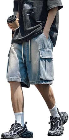 Baggy Cargo Jorts for Men Summer Regular Fit Drawstring Wide Leg Jeans Casual Hip Hop Denim Shorts Y2k