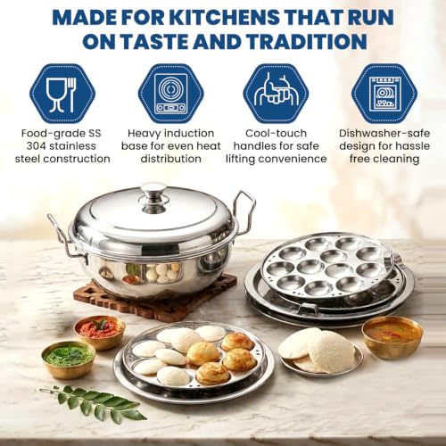 Image of Stainless Steel Multi-Purpose Idli Maker & Steamer for Kitchen | 7 Plates (2 Idli, 2 Mini Idli, 2 Dhokla, 1 Steamer) | Induction & Gas Compatible Multi Kadai | Steamer for Momos, Modak & Vegetables | Heavy Bottom SS 304 | 28cm Idli Maker Dhokla Steamer Momo Cooker, 2 Idli, 2 Dhokla, 2 Mini Idli & 1 Patra Plate, Triply Base