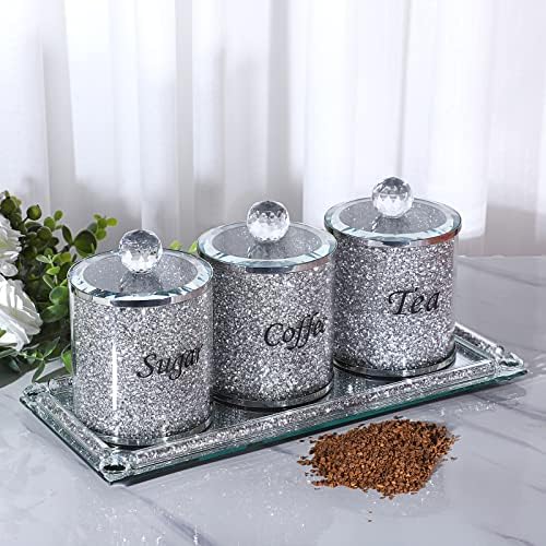 BTSKY Set of 4 for Sugar Coffee Tea Canisters With Lid and Tray - Glass Mirrored with Crushed Diamonds Container for Kitchen Table, Decorative Sparky Glass Decor Counter Constainers
