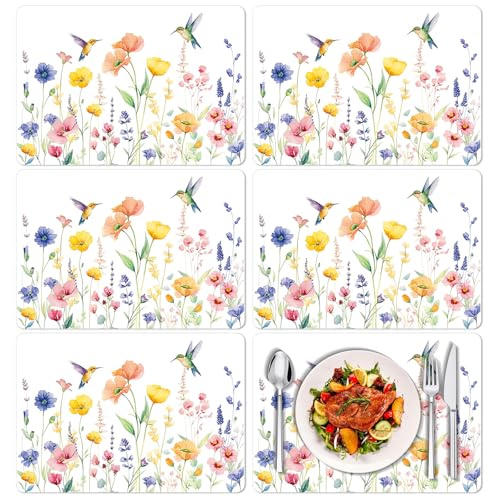 Tarklanda Spring Floral Plastic Placemats Set of 6, 11 x 15.7 Inch Seasonal Holiday Table Vinyl Placemat Rectangle Vintage Flower Bird Place Mat for Garden Tea Party Kitchen Dining Decor
