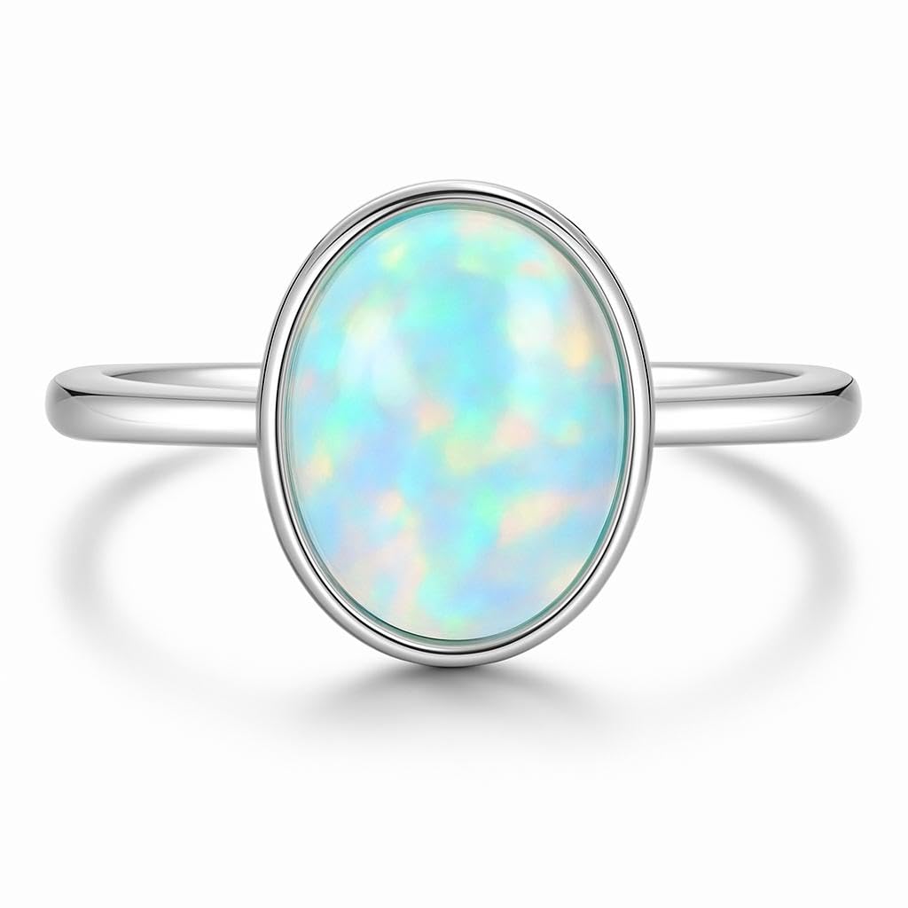 Ello Elli Created Rainbow Opal Ring for Women, Oval Opal Color Play Ring, 1.5mm Stainless Steel Minimalist Band, Stacklable October Birthstone Gift