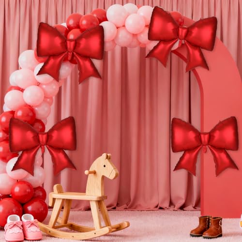 Image of 4Pcs Giant Bow Balloons, 97.5cm /38in Big Elegant Coquette Theme Balloons for Birthday Wedding Engagement & Party Large Decorations Bridal & Bachelorette Supplies (Red)