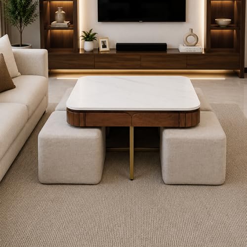 Image of The Attic Carlston Coffee Table for Living Room, Solid Wood Centre Table with Ceramic Top, Tobacco Brown Finish