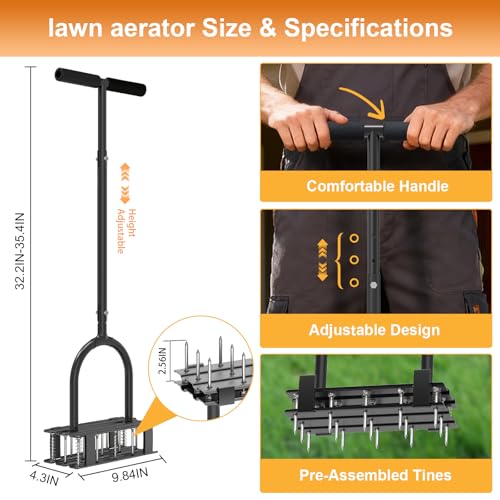 Image of Aerator Lawn Tool - 2-in-1 Reinforced Heavy Duty Manual Lawn Aerator with 15 Spikes, Automatic Dirt and Leaf Clean Design, Adjustable T-Handle (Orange)