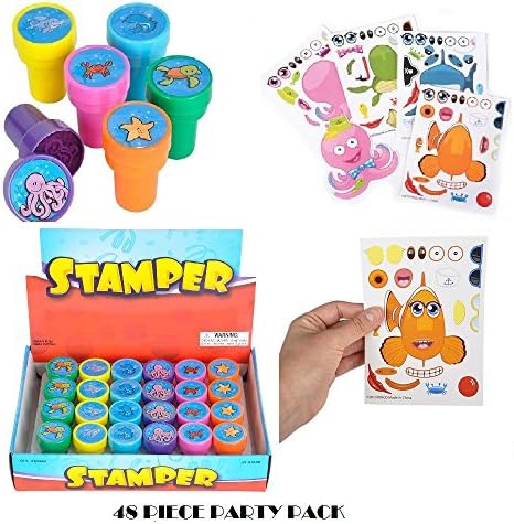 HOWBOUTDIS Kids Party Supply Set. 48 Piece Set of Make-Your-Own Sea Sticker Sheets (24) and Sea Creature Stampers (24). Great for Parties, School, or Craft Time! Let Your Kids get Creative!