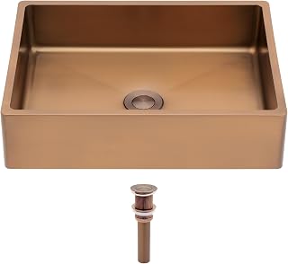 Logmey 16" Rose Gold Shallow Bathroom Vessel Sink 16x12 Handmade 16 Gauge Stainless Steel Above Counter Rectangle RV Bathroom Sinks with Pop up Drain Set