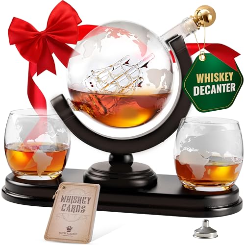 Globe Whiskey Decanter Gift Set by Royal Reserve | Etched World Map Globe Decanter 29 oz 850 ml with Glasses for Bourbon, Liquor – Whiskey Gifts for Men Dad Boyfriend Husband