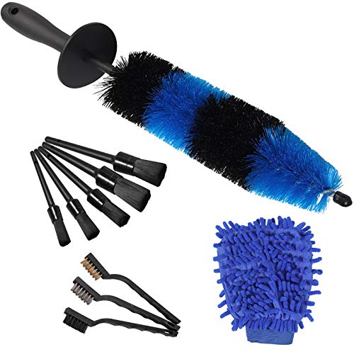 AUTOUTLET 11Pcs Wheel & Tire Brush,Car Detailing Kit 17inch Long Wheel Brush,5Pcs Detailing Brushes,3 Mini Wire Brushes,Short Tire Brush&Car Wash Mitt for Dirty Tire,Engine, Motorcycle (Blue&Black)