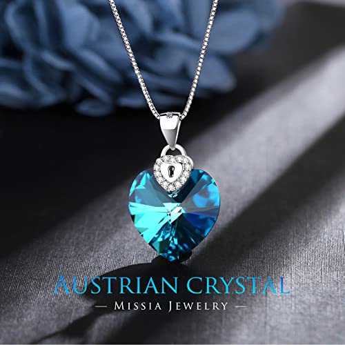 Missia Heart Shape Sky Blue Crystal Necklace Sterling Silver Pendant Gift For Her Woman Wife Girlfriend Daughter Present For Birthday Valentine Wedding Anniversary #TOP1