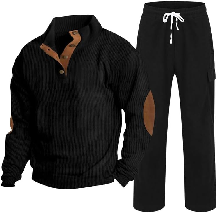 Corduroy Track Suit Men 2 Piece Casual Vintage Loose Long Sleeve Henley Shirts and Drawstring Straight Sweatpants Sets
