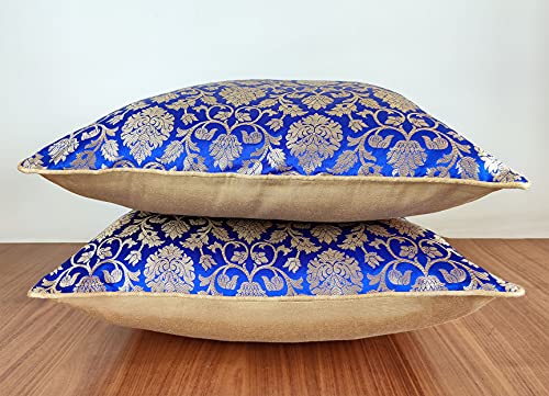 Craftbot Damask Throw Pillow Covers - Pack Of 2 Faux Silk Brocade Decorative Pillows - Royal Blue Gold 20X20 Inch- Indian Jacquard Cover-Cover Only #TOP4