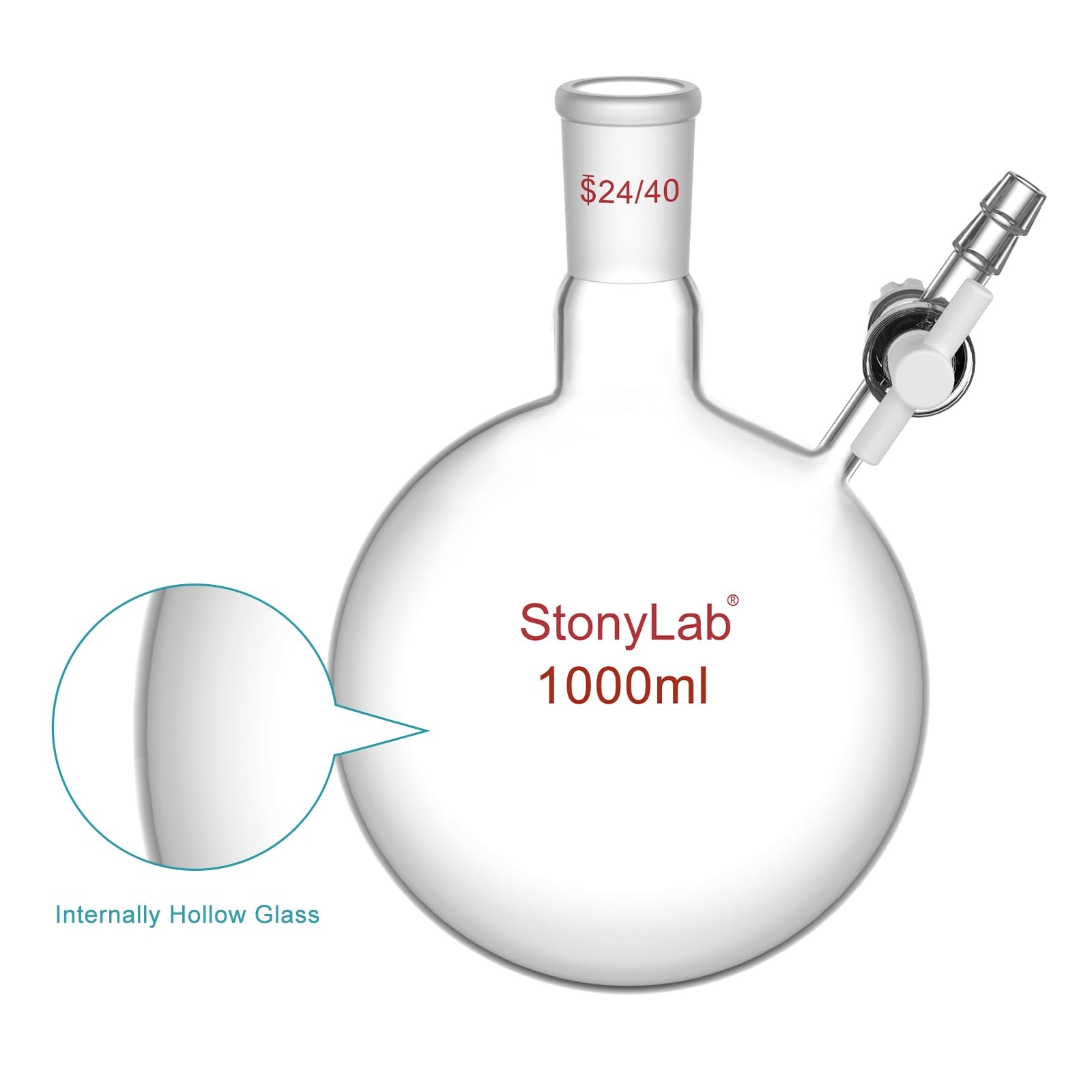 stonylab Reaktionskolben, Borosilikatglas-Einzelhals-Reaktionskolben mit 24/40-Gelenk und PTFE-Hahnventil, Rundbodenkolben, 1000 ml