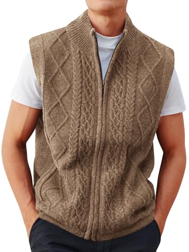 Runcati Mens Full Zip Sweater Vest Cable Knitted Cardigan Stand Collar Casual Sleeveless Sweaters Brown