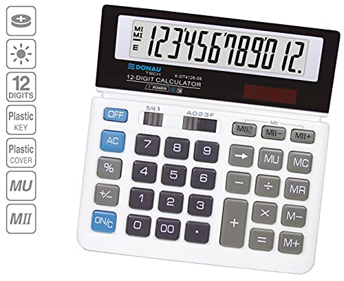Tischrechner DONAU TECH/K-DT4126-09 12-Stellig Wurzelfunktion/ 156x152x28mm/ Farbe: Weiß/Rechner mit 12-stelliger Anzeige/Dual-Power Solar - Batteriebetrieb/Kompaktes Design/ 5 Jahre Garantie