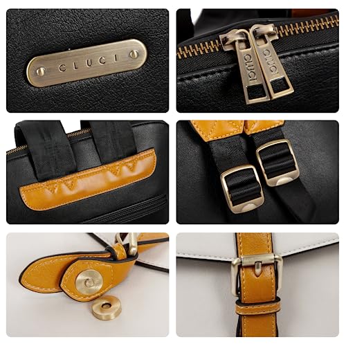 Image of CLUCI Leather Laptop Backpack for Women 15.6 inch Computer Backpack Stylish Travel Backpack Purse for Women Work Daypack Bag Black-white with Yellow