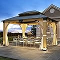 GARTOO 11’x13’ Patio Wooden Gazebo, Galvanized Steel Roof Gazebo & Privacy Curtains and Netting, Double Vented Roof Hardtop Gazebo for Garden, Porch, Lawn, Poolside, Backyard, Deck