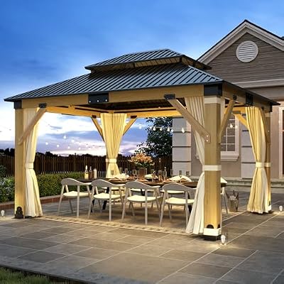 GARTOO 11’x13’ Patio Wooden Gazebo, Galvanized Steel Roof Gazebo & Privacy Curtains and Netting, Double Vented Roof Hardtop Gazebo for Garden, Porch, Lawn, Poolside, Backyard, Deck