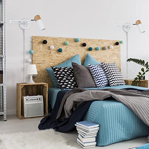 Plug In Wall Sconces, Swing Arm Wall Lamp With Plug In Cord For Bedroom, Living Room, Nordic Modern Wall Mounted Reading Light Fixture, Rotatable Wood Base Metal Cylinder Lampshade, White (No Bulb) #TOP3