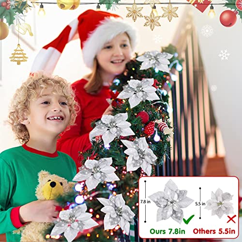 20 Packs Silver Poinsettia Artificial Flowers For Christmas Tree Decorations Ornaments Set Large 7.8In Faux Glitter Flowers Christmas Decorations For Home Tree Garland Wreath Winter Party Xmas Decor #TOP2