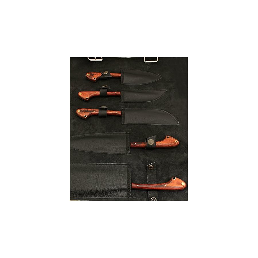1033 Custom Made Damascus Steel 5 pcs Professional Kitchen Chef Knife Set with 5 Pocket Case Chef Knife Roll Bag by GladiatorsGuild (Red)