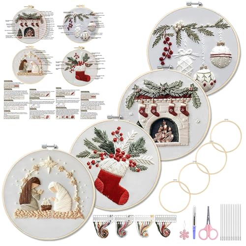 WKALXJ 4 Sets Embroidery Kits for Beginners Adults Cross Stitch Kits Needlepoint Kits with Instruction Video Needle Point Kits with Holly Fireplace Stocking Nativity Patterns (Christmas A)