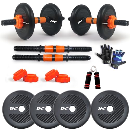 Image of WATSON Premium Rubber Dumbbell Set for Men & Women Fitness, Dumbbell Set with 4Kg (1Kgx4) Rubber Weight Plates, Hard PVC 14 inch Dumbbell Rods, Foam Gripper & Gym Gloves