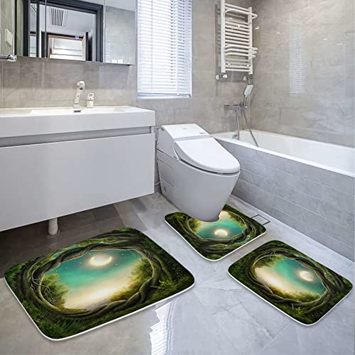 Forest verzauberter Baum, Mondnacht-Landschaft, Badezimmerteppiche und Matten-Set, 3-teilig, Memory-Schaum, rutschfest, saugfähig, U-förmige Kontur-Duschmatte, Samt-WC-Deckelbezug, waschbar – Bild 3