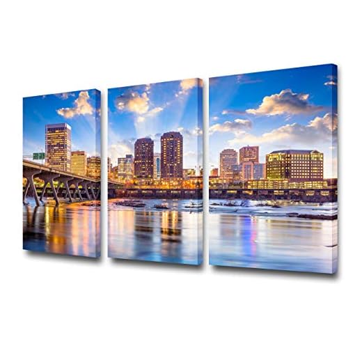 TUMOVO 3 Piece Canvas Wall Art for Living Room - Richmond, Virginia, USA Downtown Skyline on The James River - Modern Home Decor Stretched and Framed Ready to Hang - 24'' x 12'' x 3 Panels