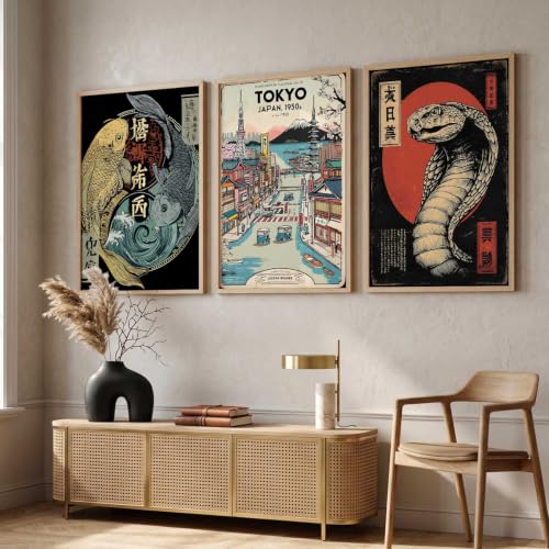Image of kotart Aesthetic Japanese Nature and City View Wall Framed Posters | Japanese Nature and City View Framed Poster for Living Room Bedroom Gaming Room Studio Wall Decor Set Of 3 (13X17 inch)